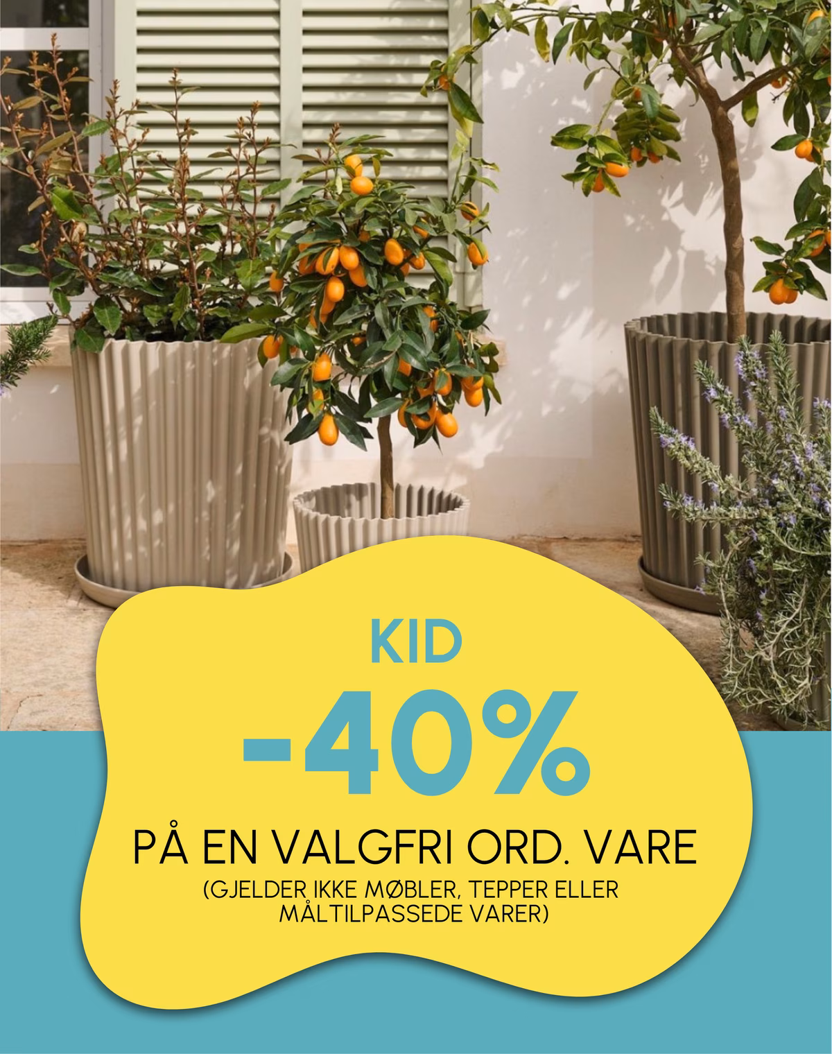 40% på en valgfri ord. vare.Gjelder ikke møbler, tepper og måltilpassede varer.