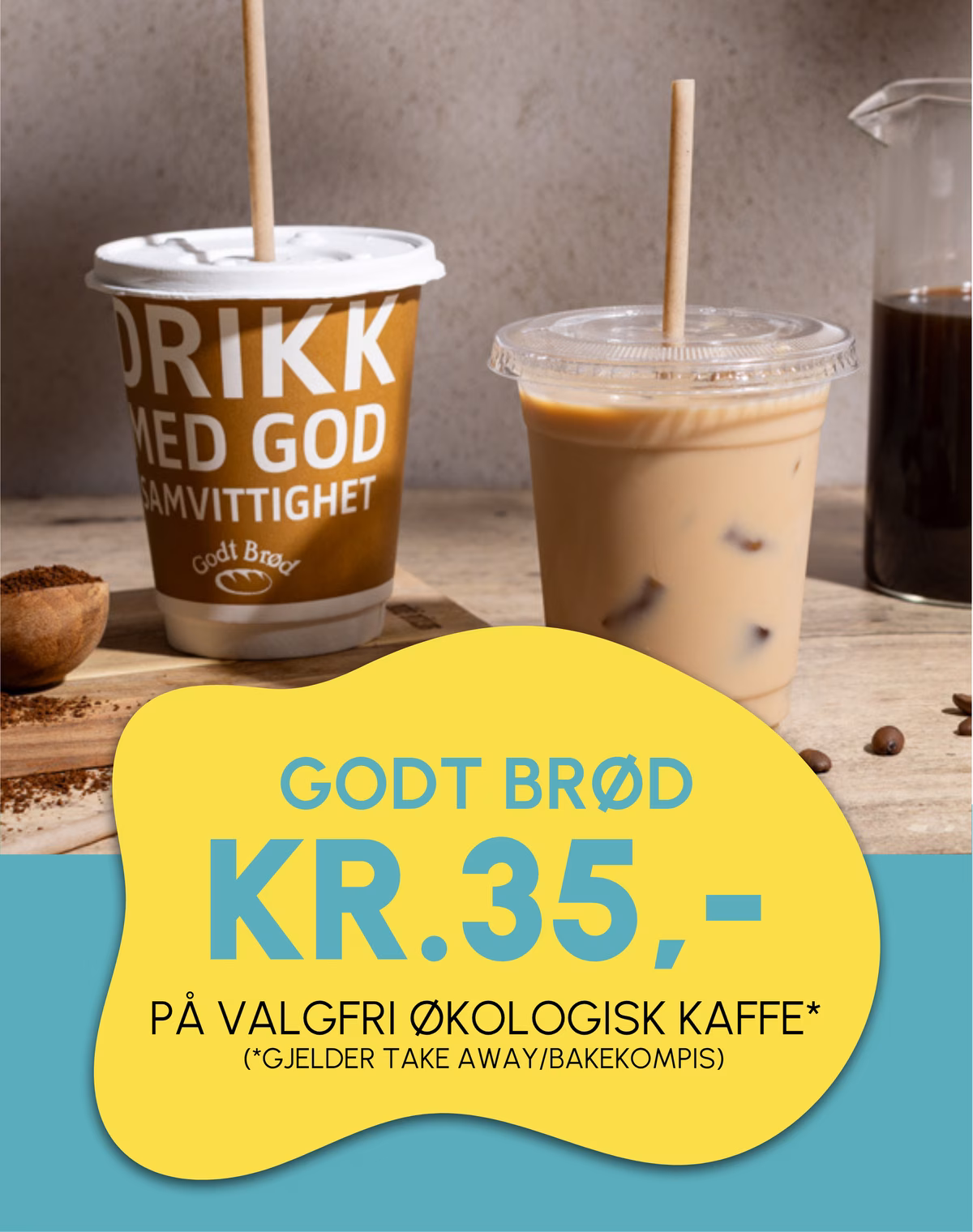 kr.35,- for valgfri økologisk kaffe når du tar med. Tilbudet gjelder for deg som er bakekompis