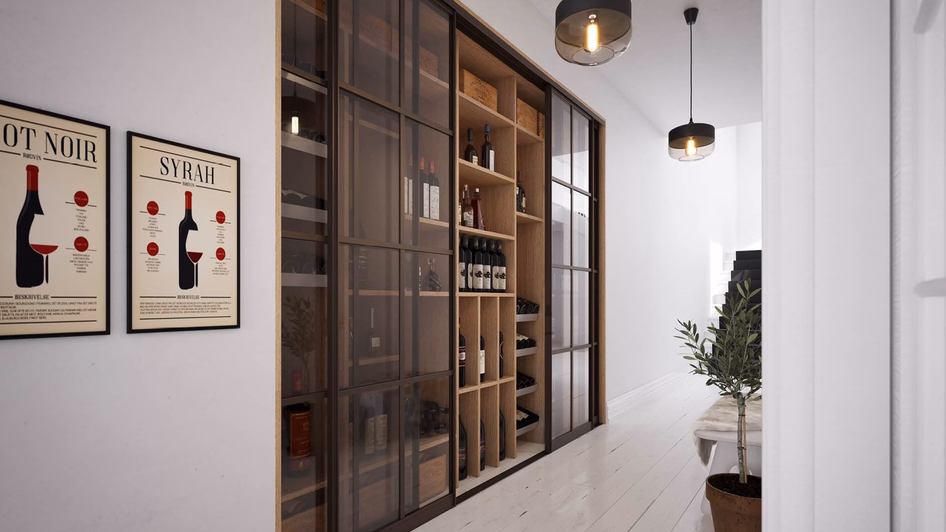 Garderobe: skyvedører i glass med omramming i svart aluminium: 